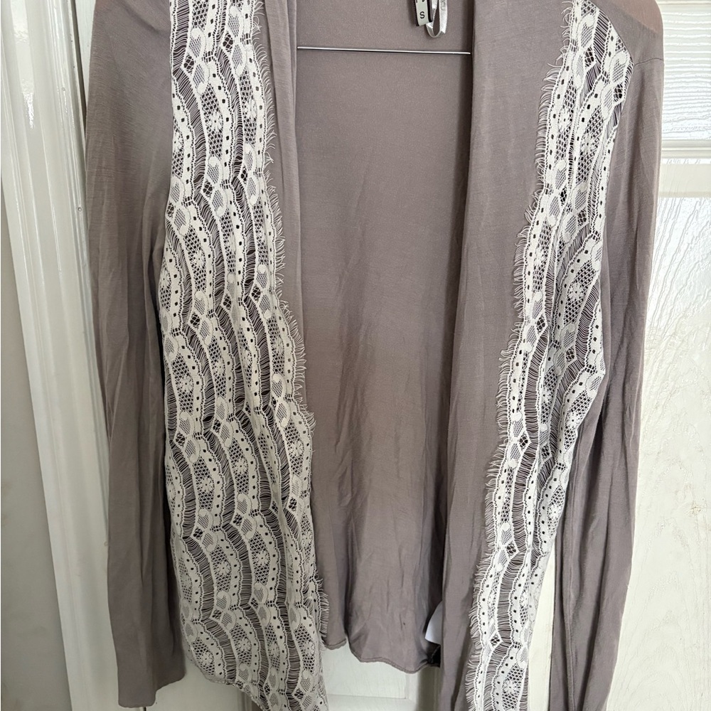 Kische Taupe Cardigan with Lace Trim. Women’s size small.